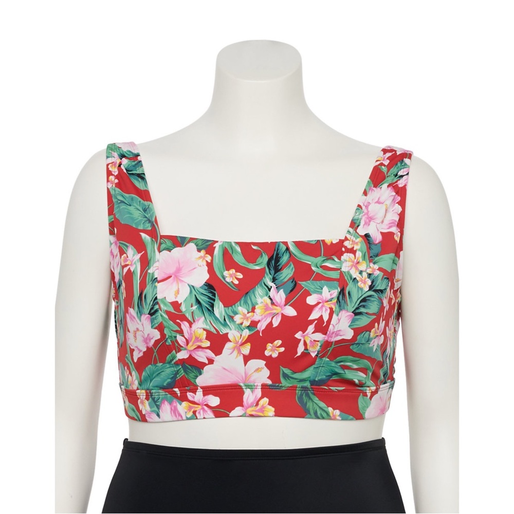 NWT EVRI Floral Squareneck Crop Swim Top Red Floral Plus Size 4X (28W - 30W)